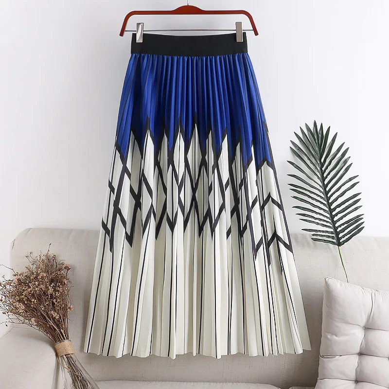 

Women's diamond stripe Contrast printing skirt 2020 Spring summer New mid-length long pendulum fashion a-print contrast skirt