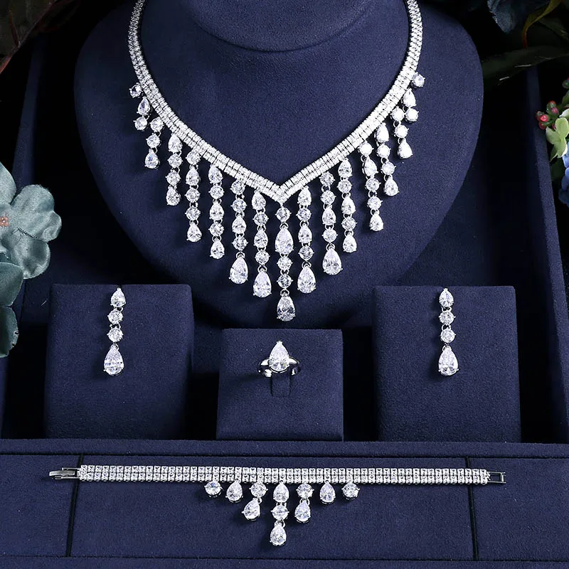 JaneKelly роскошный Искрящийся Блестящий кубический циркон серьги-капли ожерелье