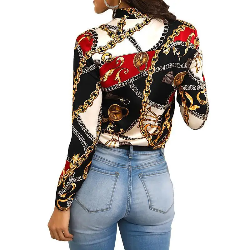 

Explosion Models 2019 Fashion Chain Printing Ladies Shirt Neckline with Long-sleeved Casual Shirt Blouse