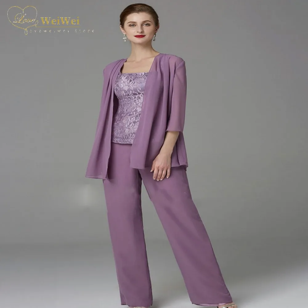 

Mother Of The Bride Pantsuits Simple Grape Violet Lace Chiffon Three Piece Set Ankle Length For Wedding Party Gowns 2021