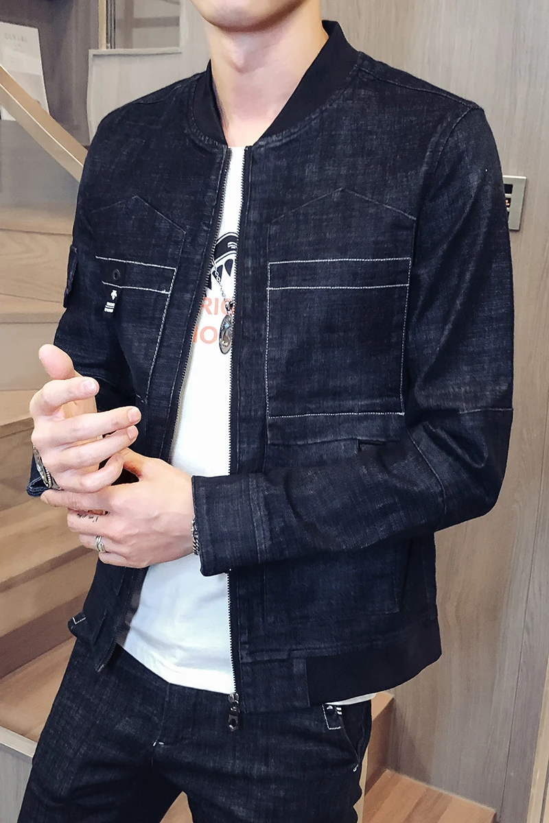 

Джинсовая куртка мужская с лацканами, однотонная повседневная одежда из денима, большие размеры, весна-осень