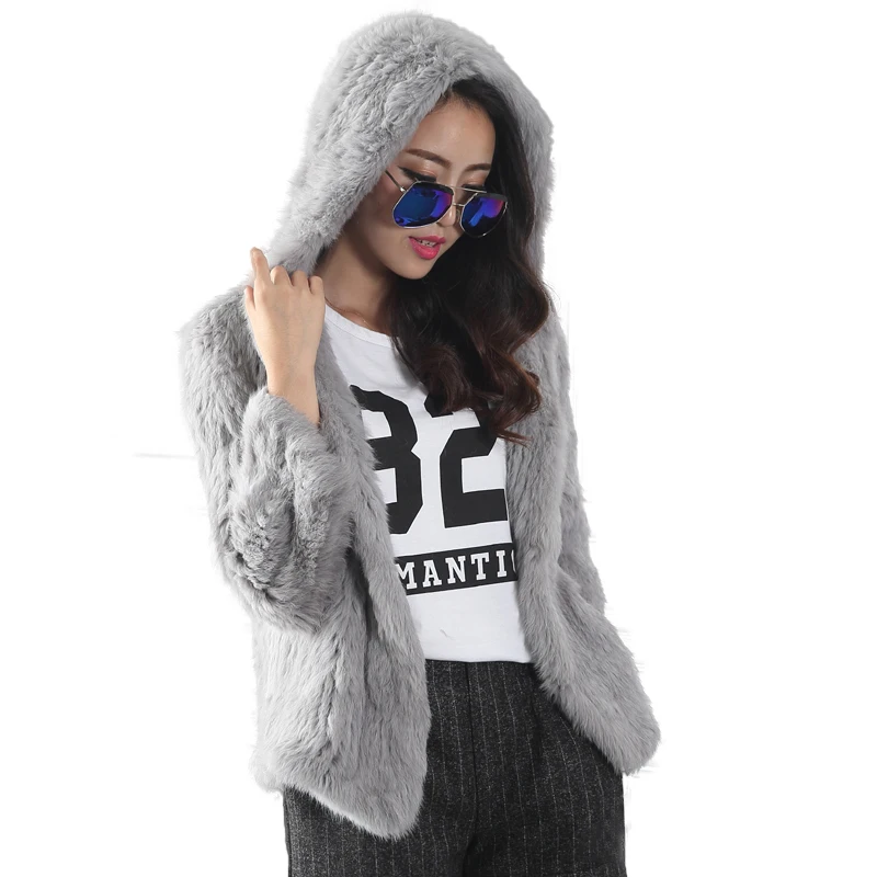 Hood Long New Fashion Women Real Rabbit Fur Knit Jacket Coat Plus size coat color