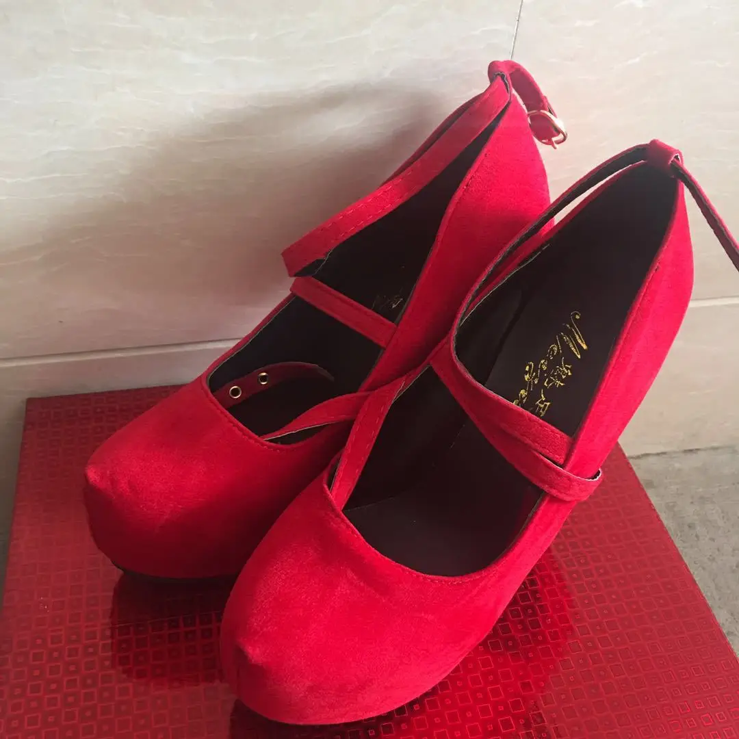 

New Autumn Women Flock 11 CM Thin High Heels Pumps Ladies Sexy Ankle Strap Buckle 4.5cm Platform Party OL Pumps Shoes Plus Size