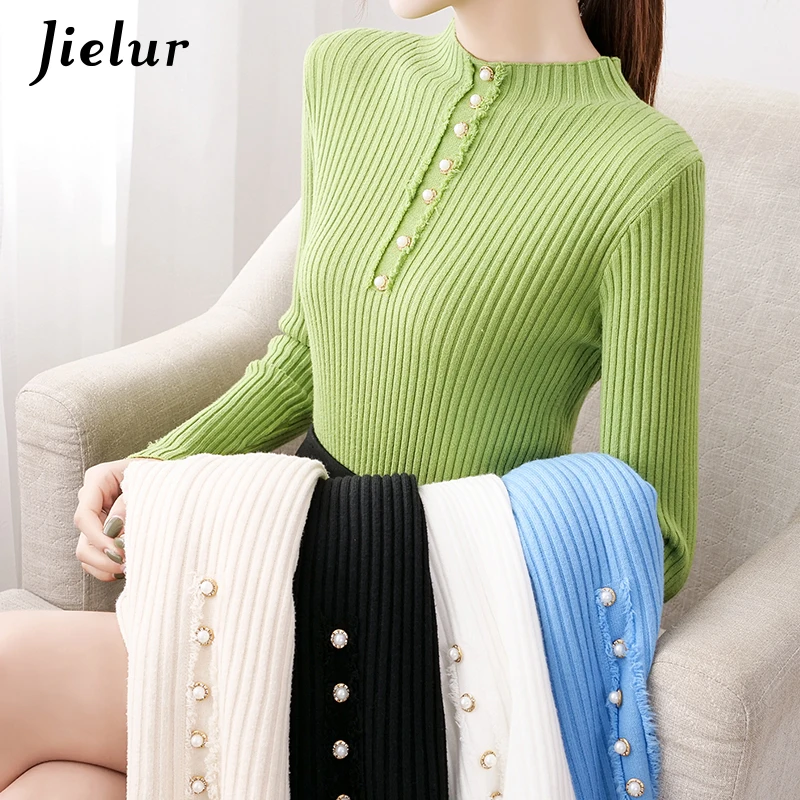 Jielur 2021 White Black Female Sweaters Fashion Thick Beading Lady Knitted Sweater Women Semi-high Neck Korean Top 5 Colors S-XL | Женская