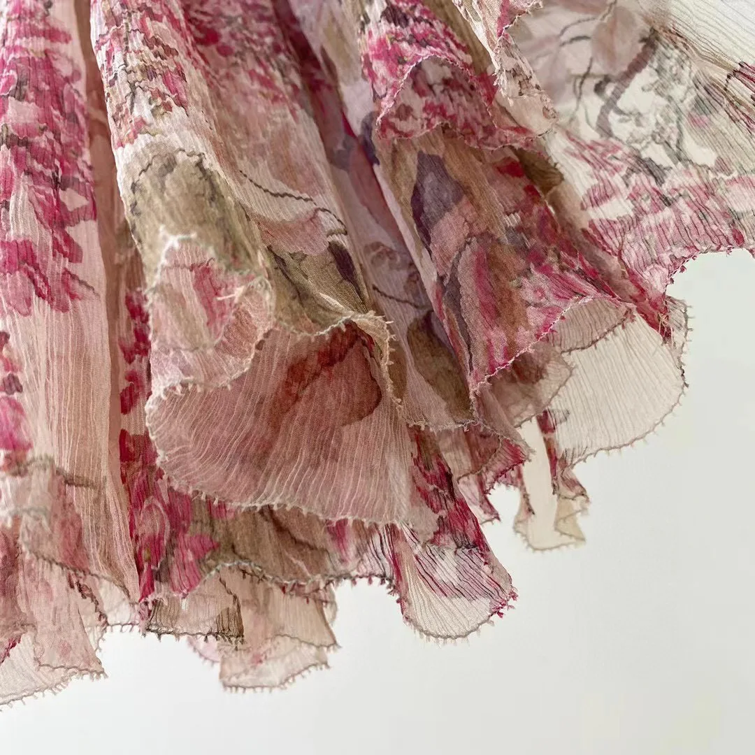 

100% Real Silk High Quality Runway Designer Long Sleeve Floral Ruffle Haute Couture Vintage Chic Print Female Maxi Women Dress