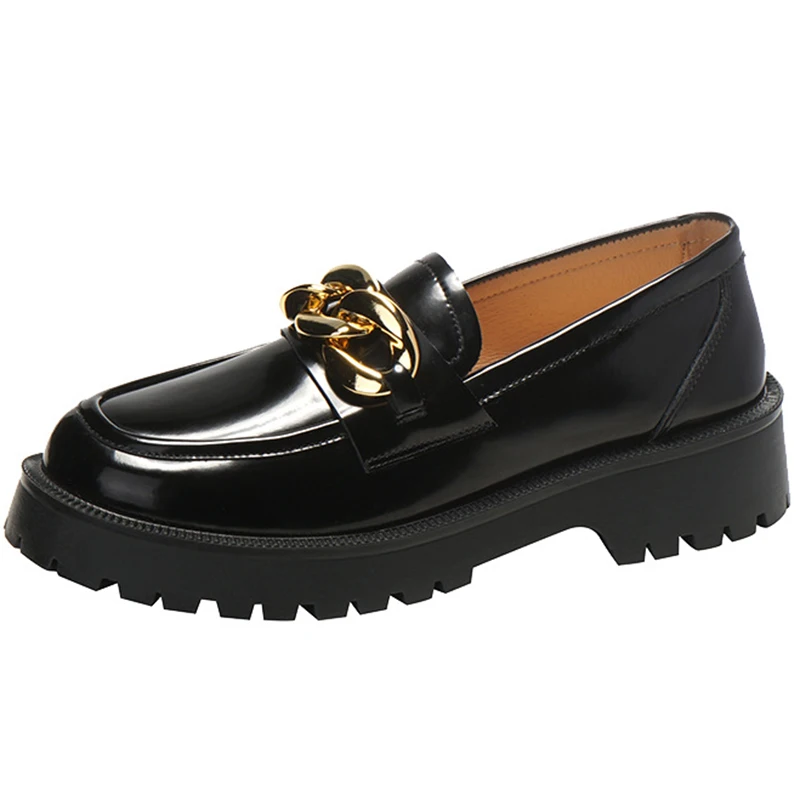 

Женские кожаные туфли на платформе, повседневные туфли на плоской подошве, с металлической цепочкой, универсальные, sh120, весна-осень