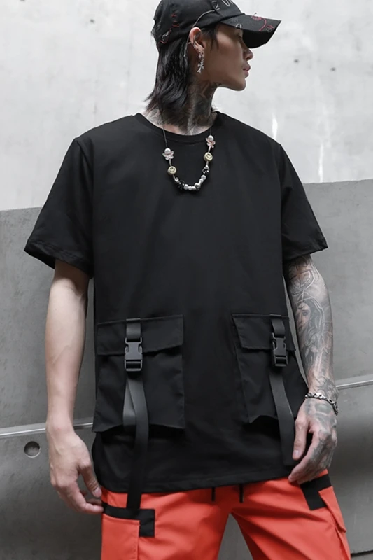 

iiDossan 2020 Dark Hip Hop T Shirts Men Big Pockets Short Sleeve Tee Streetwear Joggers Tops Brand Women Casual Korean Clothes