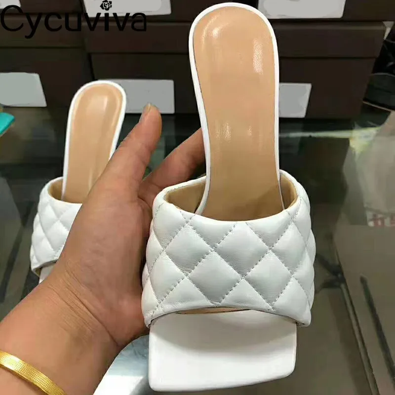 Chic Rhombus Genuine Leather Slippers Classic Square Toe High Heels Summer Sandals Femme Sexy Runway Party Shoes Woman | Обувь