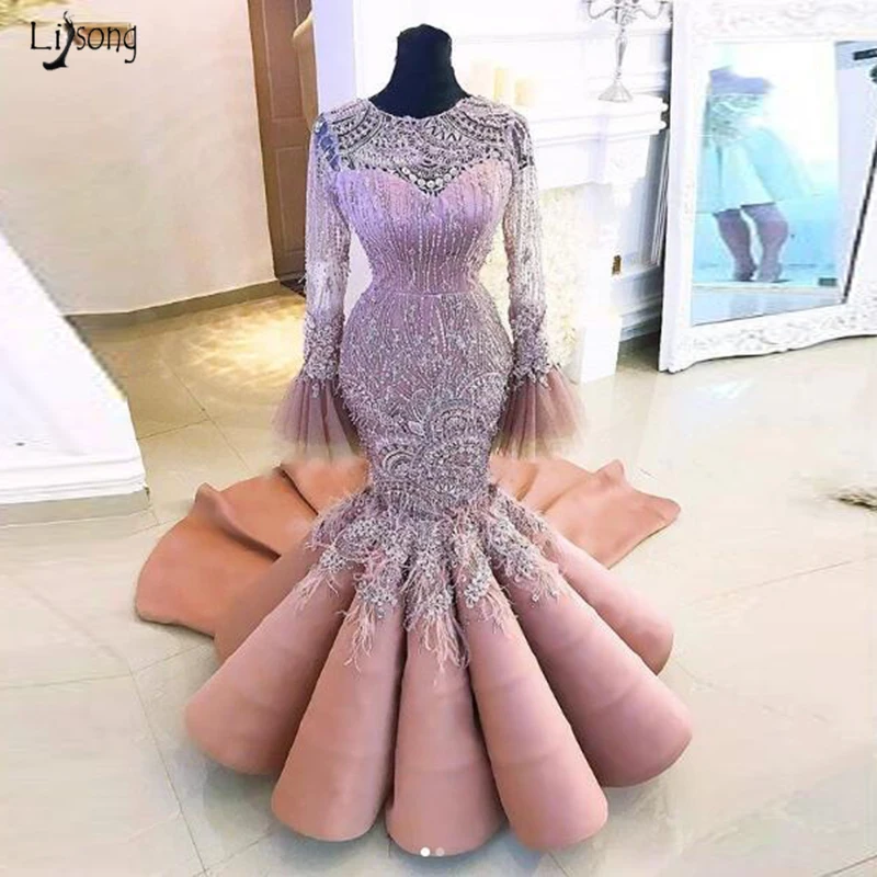 

Luxury Beading Lace Mermaid Evening Gown Custom Plus Size Long Sleeve Arabic Prom Party Dresses 2020 Real Photo Vestido De Festa