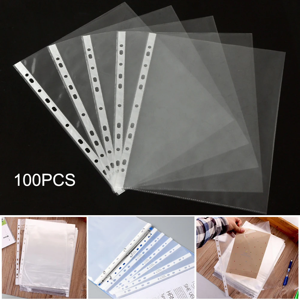 

100Pcs A4 Plastic Punched Pockets Folders Filing 11 Holes Loose Leaf Documents Sheet Protectors Transparent Folder Bag