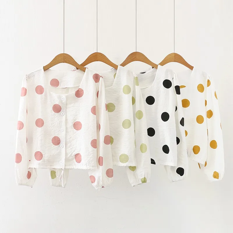 Женская рубашка модная длинный рукав винтажная в горошек блузка Корейская