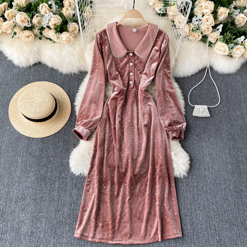 

Vintage Beading Velvet Party Women Black Midi Dress Elegant Turn-Down Collar Long Sleeve High Waist Casual Vestido Spring Autumn