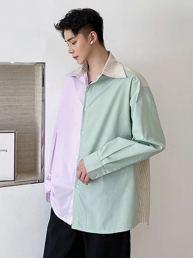 

New Men Stripe Color Splice Loose Casual Long Sleeve Shirt Japan Korea Streetwear Youthful Fashion Vintage Shirt