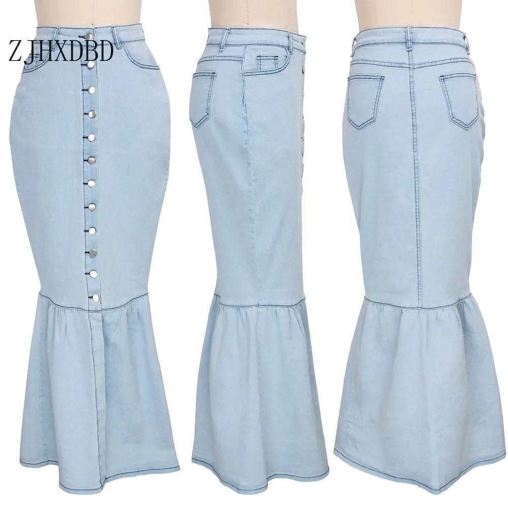 2021 женская синяя джинсовая Макси юбка на пуговицах Женская Осенняя с карманами и