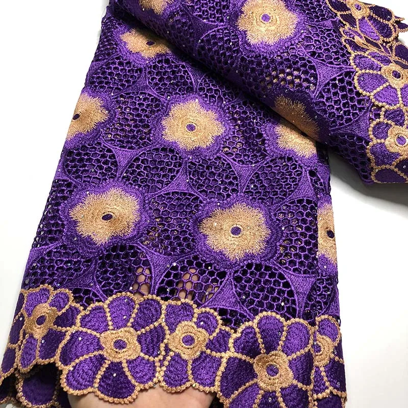 

Purple Color African Cord Lace Fabric High Quality Embroidery Nigerian Guipure Lace Fabric With Stones French Net Lace Material