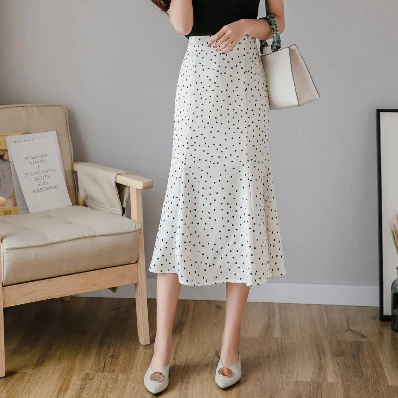

2021 New Women Chiffon Polka Dot Medium Sexy Buttocks Mermaid Skirt Casual Spring Summer OL Female High Waist Black White Skirts