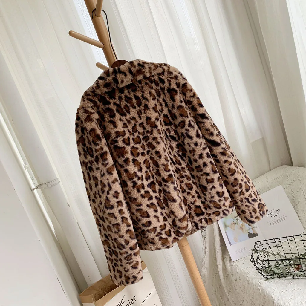 2020 Autumn Winter Loose Medium Short Windbreaker Lamb Coat Leopard Print Plush Women | Женская одежда
