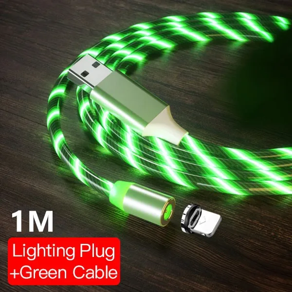 For iPhone Green 1M ACCEZZ светодиодный магнитный кабель для быстрой зарядки, магнитный кабель Micro usb type C, Кабель зарядного устройства для iPhone X 7 samsung S10, шнур для Android - Цвет: For iPhone Green 1M