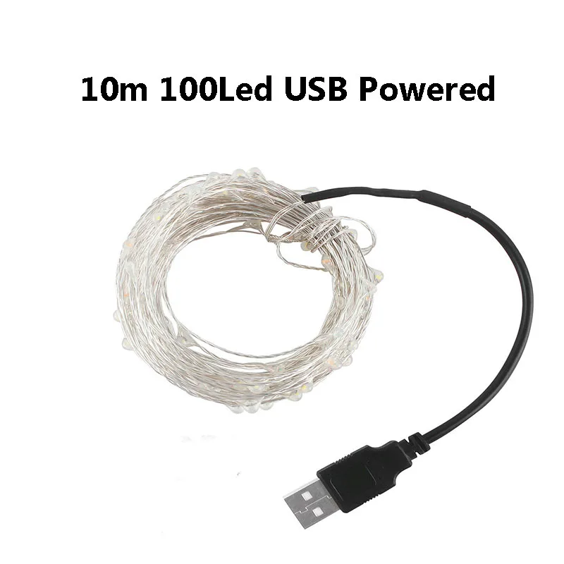 10m USB Powered 2 м, 5 м, 10 м, водонепроницаемый светодиодный светильник, Серебряный провод, питание от батареи, звездная фея, гирлянда, праздничный светильник, декор для Хэллоуина - Испускаемый цвет: 10m USB Powered