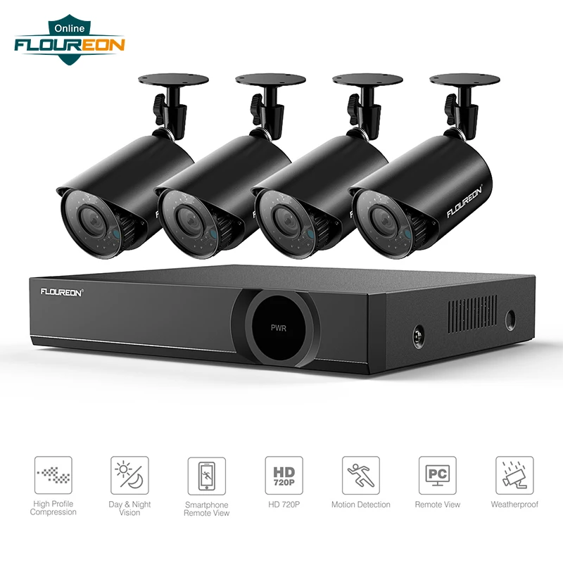 Floureon CCTV камера системы 4CH 1080N DVR рекордер комплект+ 4 шт 720p всепогодный Surveilance камера s обнаружения движения оповещения по электронной почте