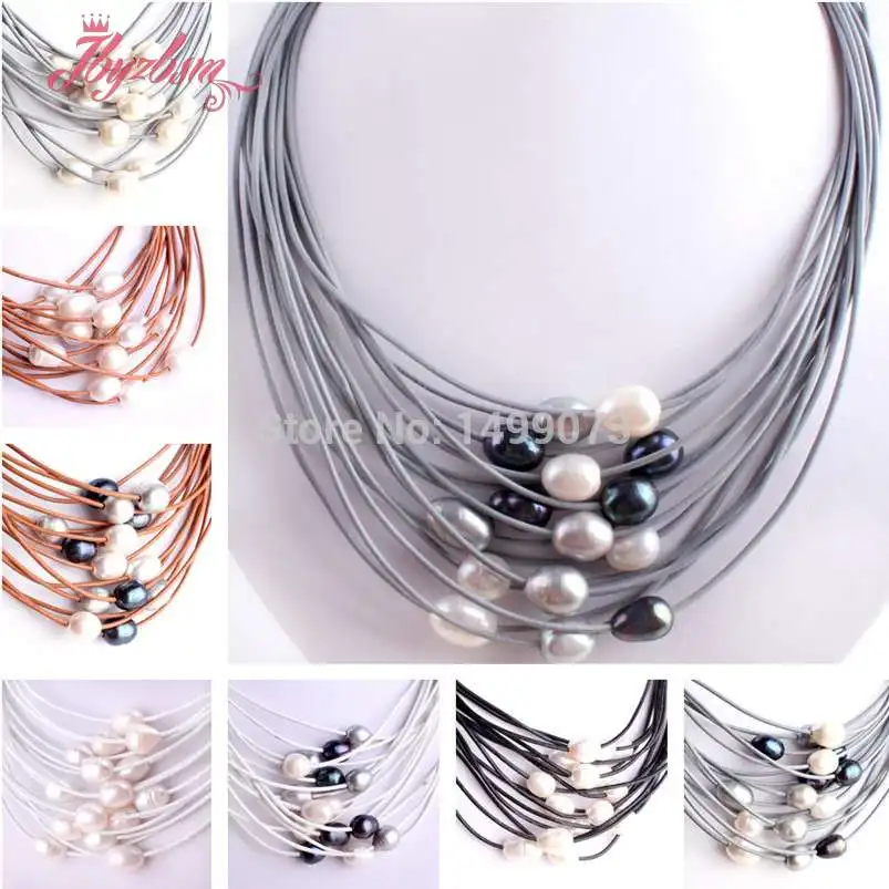 

10-12mm Natural Oval Freshwater Pearl Stone Beads Handwork 15 Row Leather For Women Fashion Necklace Jewelry Magnet Clasp16"-22"