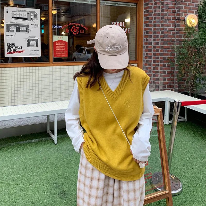 8 colors 2021 japanese preppy style embroidery sleeveless v neck knitted loose vest sweaters womens (X1135) | Женская одежда