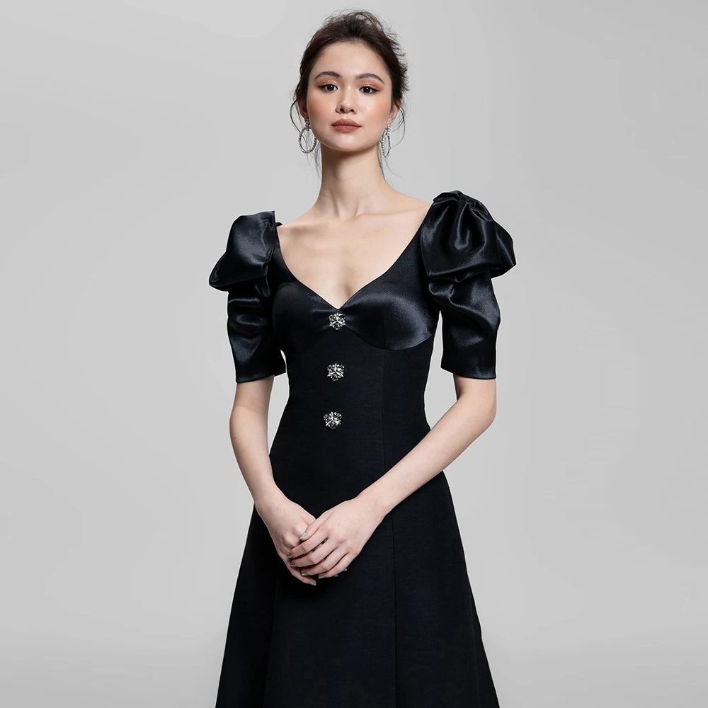 

Женское платье с коротким рукавом, черное Плиссированное вечернее платье вечерние стразами и V-образным вырезом, лето 2021