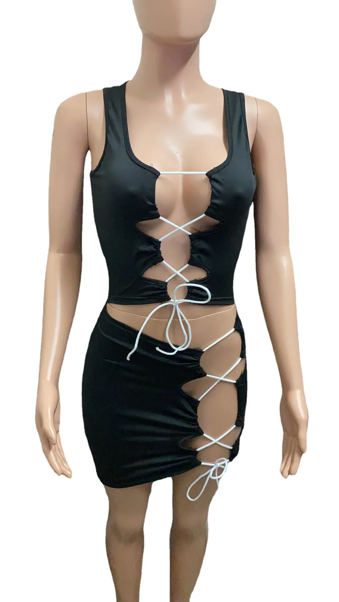 

2021 European summer new sexy solid color nightclub dress fashion slim U-neck sleeveless women's vest skirt