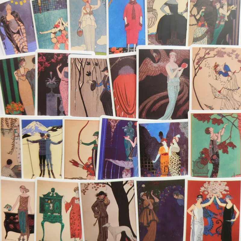 

10/30/50PCS George Barbier Fashion Retro Character Stickers Aesthetic Laptop Luggage Water Bottle Graffiti Waterproof Decals