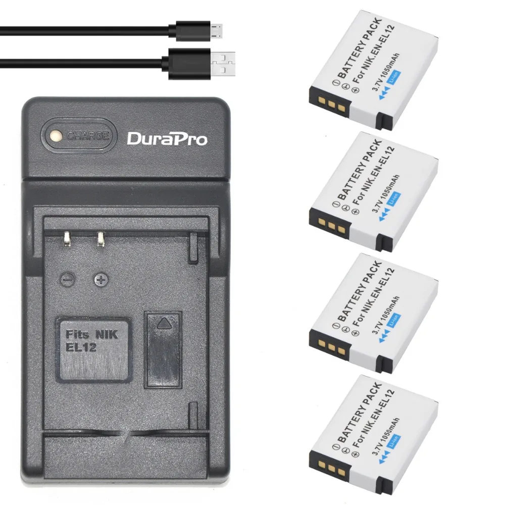 Durapro 4 шт. EN EL12 ENEL12 литий ионный аккумулятор 3 7 В 1050 мАч + USB зарядное устройство для