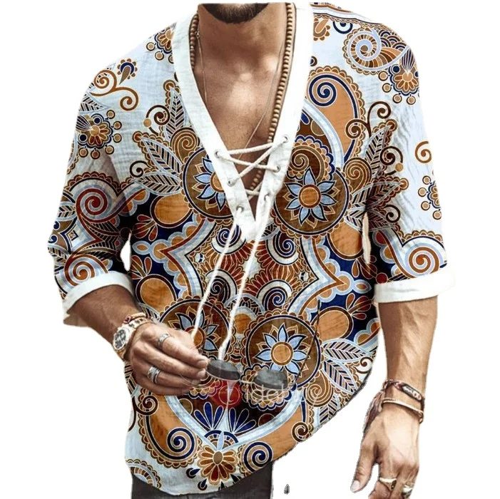 

2021 New Popular Men's Chest Lace Up Corn Middle Sleeve T-shirt Printed Camisas Para Hombre Korean Men Sweetshirts Clothes