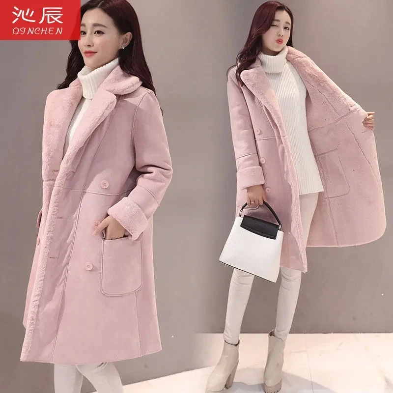 Lamb Wool Female Coat 2021 Female New Style Korean Winter Plus Velvet Thick Suede Coat Mid-length Fur Coat With Lapel Collar C12