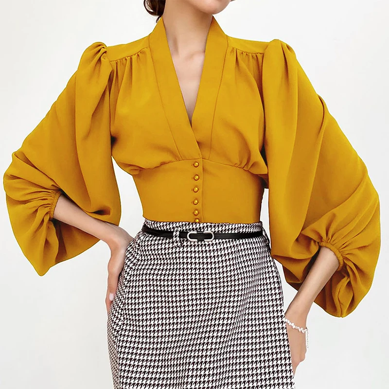 

2022 Women Lantern Long Sleeve V-neck Button Shirts Autumn Elegant Solid Short Blouse Spring Fashion Casual Ladies Pullover Tops