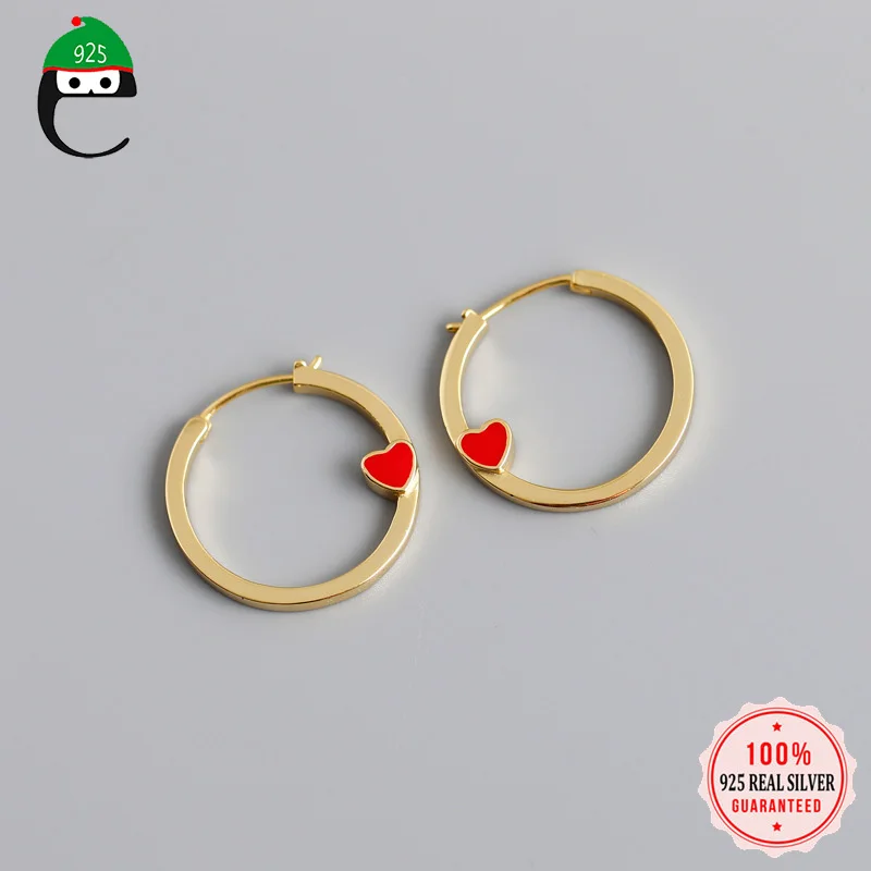 

ElfoPlataSi Minimalist Genuine 925 Sterling Silver Gold Color Red Heart Hoop Earrings For Women Sterling Silver Jewelry DA725