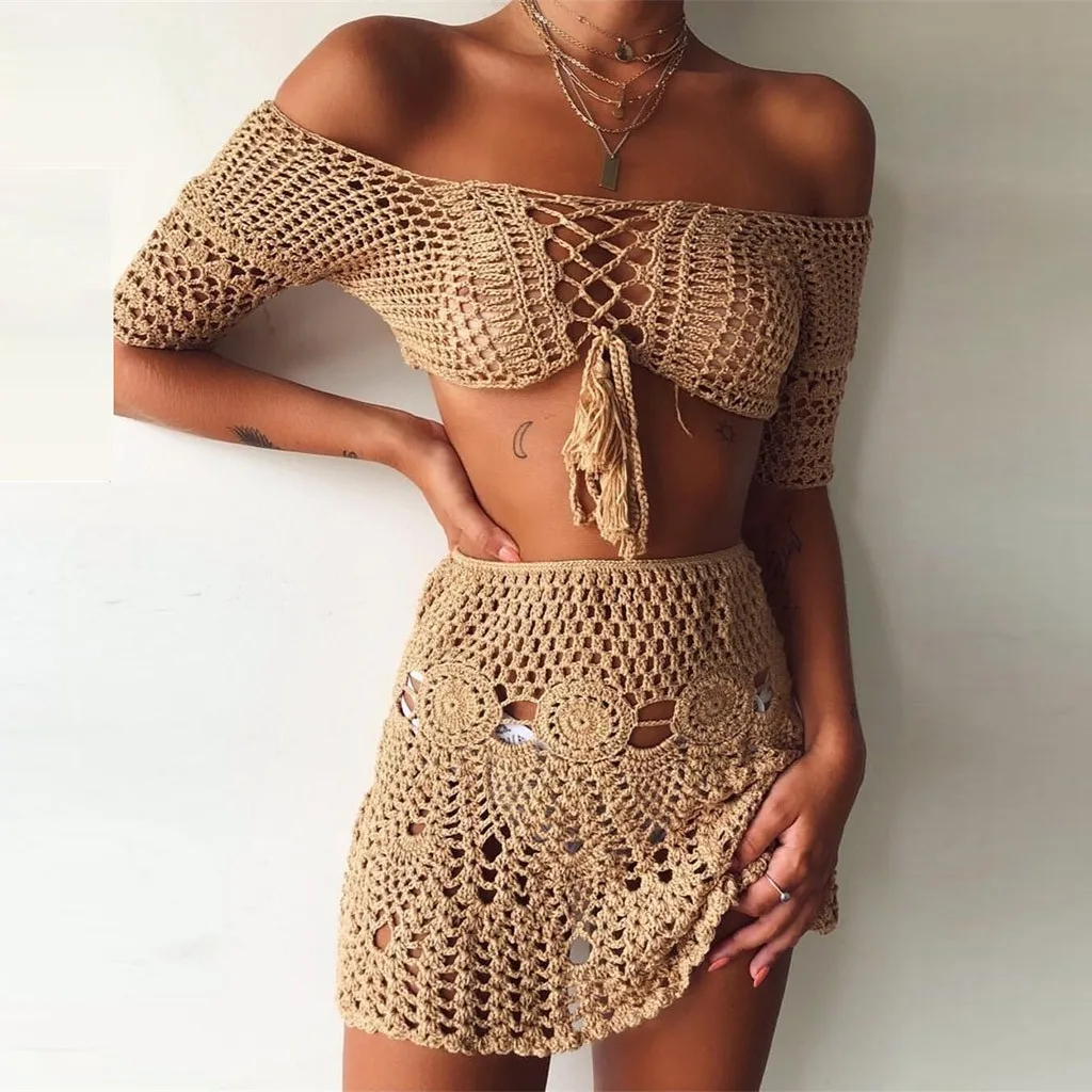 

Skirt Women Fashion Sexy Hollow Out Short Skirt Beach knitting Cover Up Wrap Skirts jupe femme 2020 NEW skirts womens