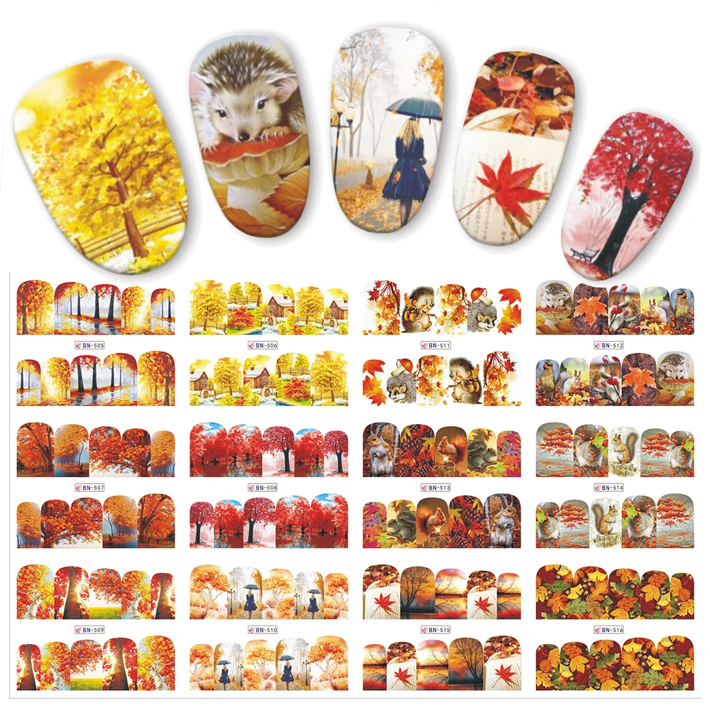 Переводные наклейки для дизайна ногтей 12 шт. с листьями осени желтыми красными