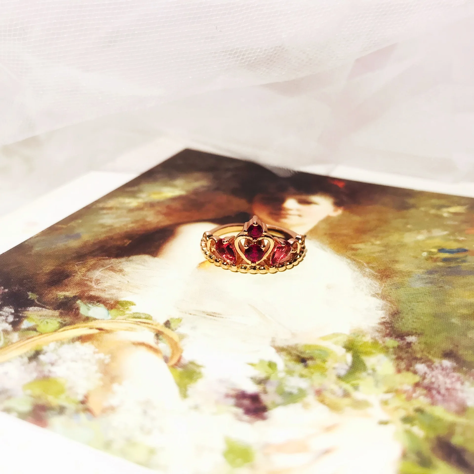 

Fashion European and American Style 14K Gold Plated Cute Little Princess Peach Heart Crown Palace Style Ring for Girlfriend