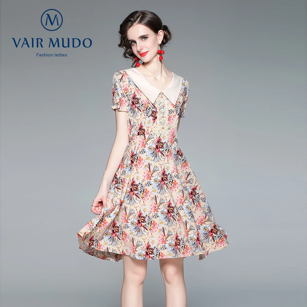

Summer 2021 New V-shaped Doll Collar Fashion Print Dress Western Style Waist Was Thin A-line Skirt Sweet Female New Printi Y-135