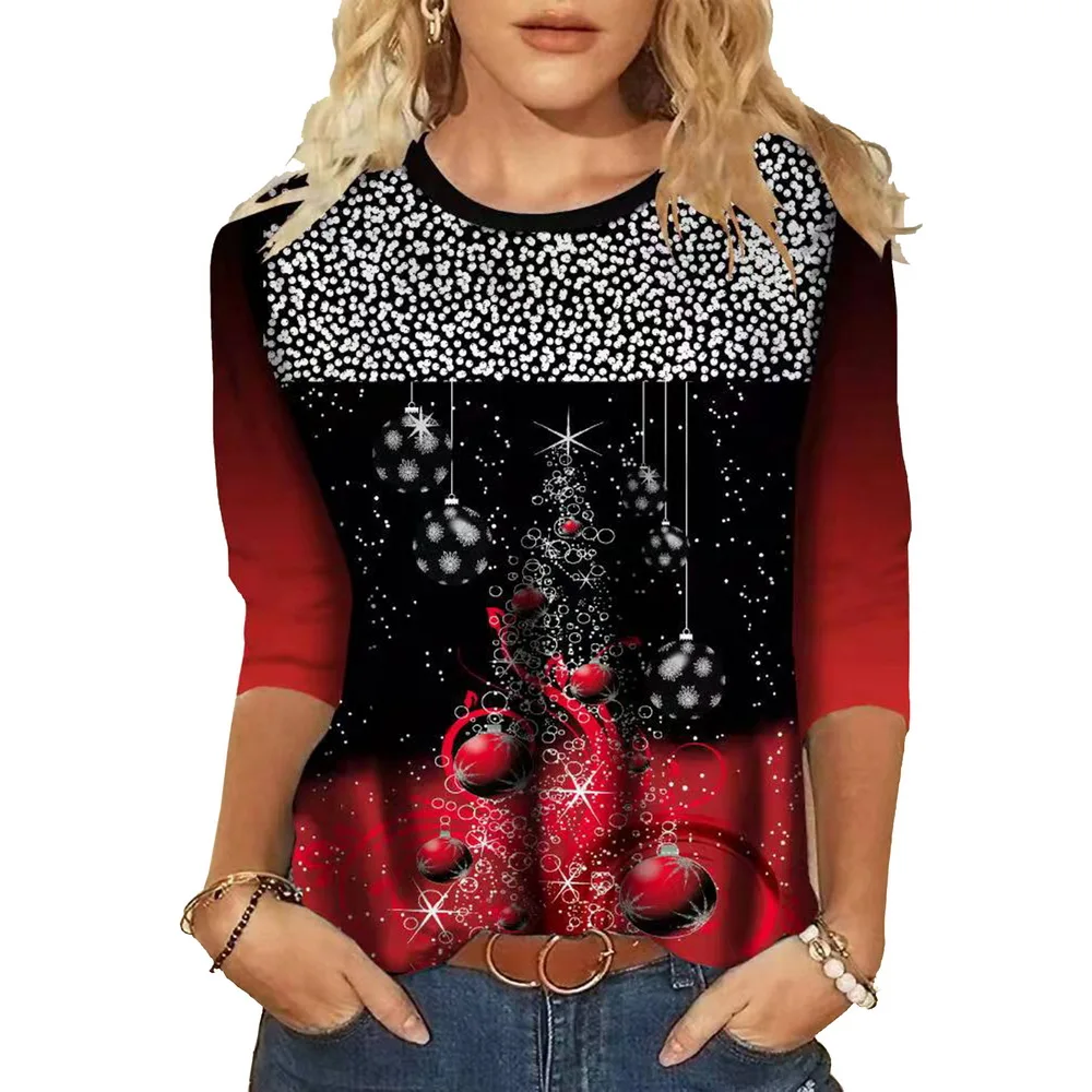 

Women Christmas 3/4 Sleeve Knitted Printing Pullover Autumn Round Neck Casual Floral Sequins Party Female T Shirt Ladies Tee