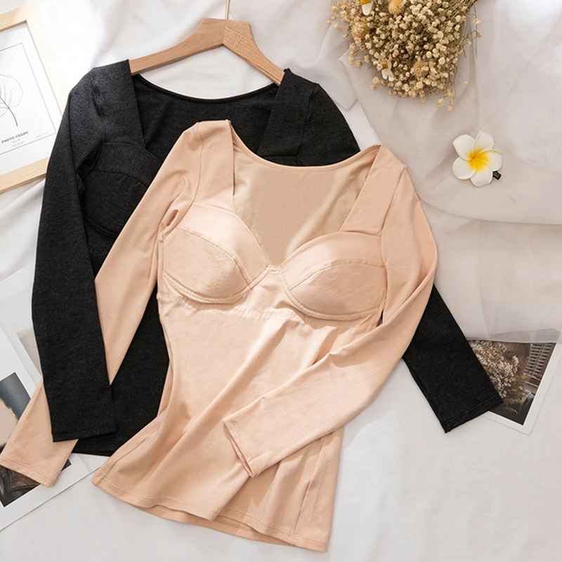 

Женское термобелье, топ, пикантное нижнее белье с длинным рукавом и бюстгальтером, женские термотопы с V-образным вырезом для дам, зимняя теп...