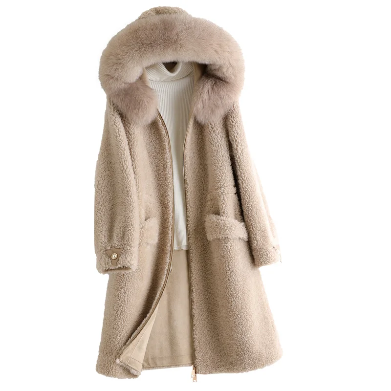 

Genuine Wool Blend Fur Coat Fox Hoody Winter Women Outerwear Overcoat LF2120