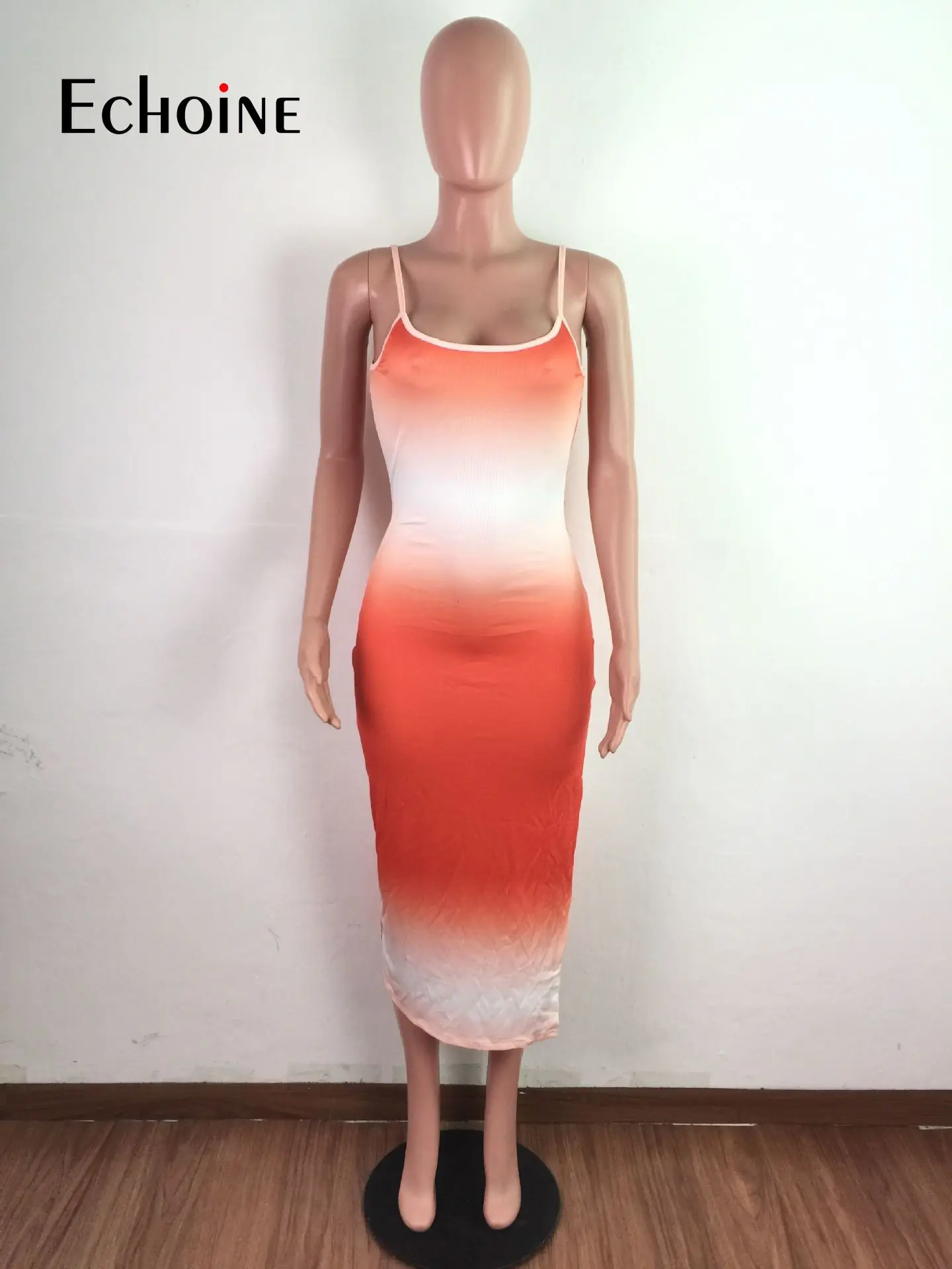 

Echoine Women Sexy Gradient Print Spaghetti Strap Side Split Sleeveless Bodycon Midi Dress Party Club Bandage Pencil Dresses