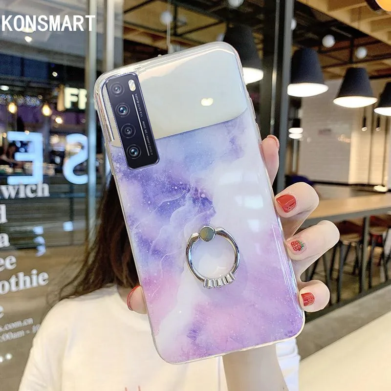 

KONSMART For Huawei Nova 7 Pro 7i Case P40 Pro+ P40 Lite Luxury Marble Mirror Glitter Finger Ring Phone Case Cover Nova7 Couqe