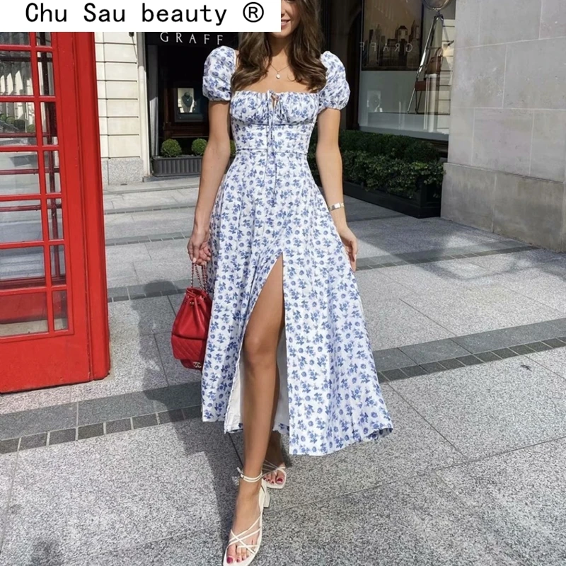 

New Fashion French Style Vintage Floral Print Split Long Dress Women Casual Chic Puff Sleeve Square Collar Dresses Female
