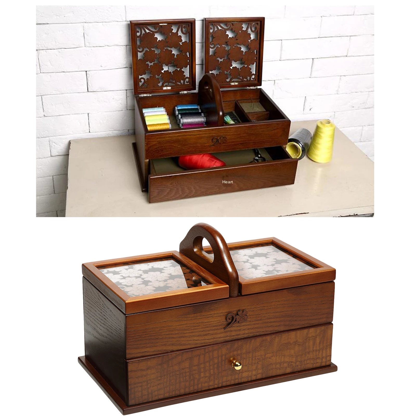 

Wooden Sewing Kit Basket Storage Organizer Box for Sew Supplies Thread Spools