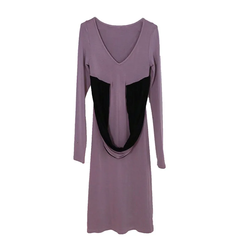 

SeeBeautiful Stitching Loose Dress V-neck Long Sleeve Contrast Color Simple New Fashion 2021 Spring Women E099