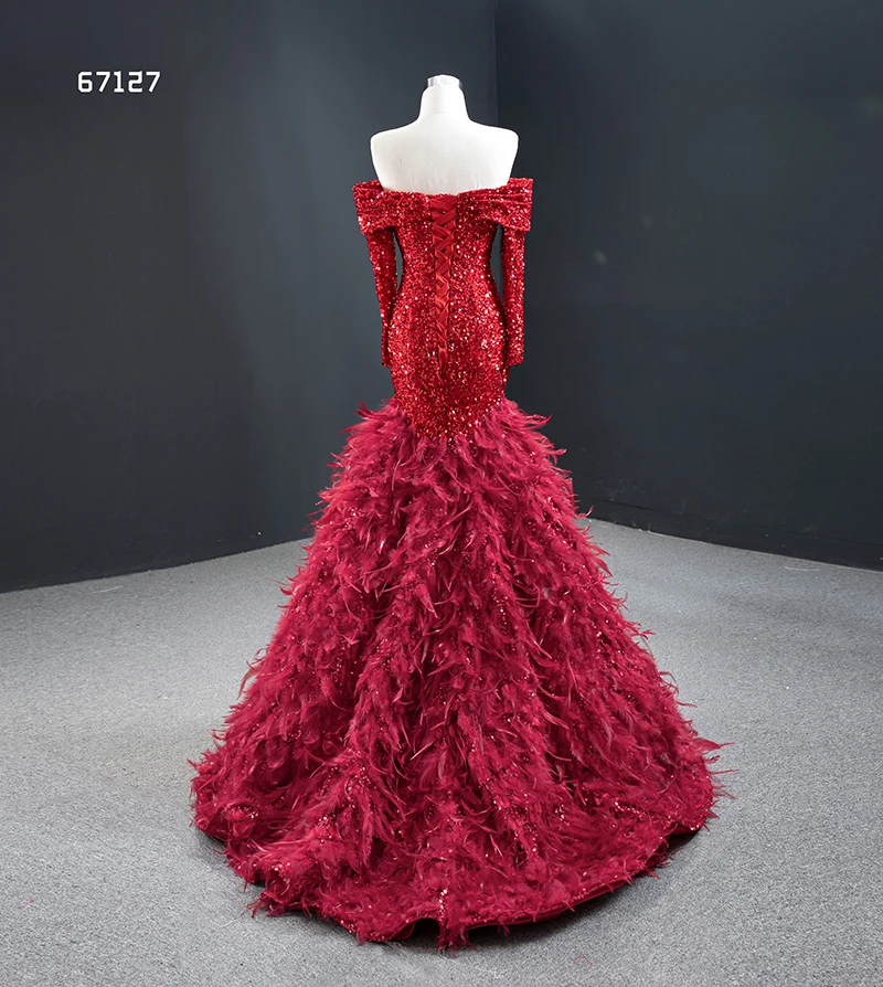 J67127 JANCEMBER Plus Size Dress Boat Neck Long Sleeve Lace Up Back Court Train Sequins Feather Sexy Mermaid Robes De Cocktail