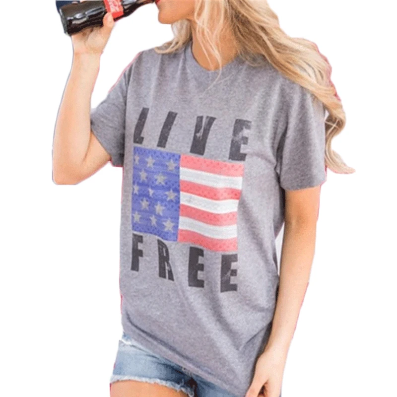 

European and American Explosions Women's Tops Flag Printed Round Neck Short Sleeve T-shirts Graphic Tee