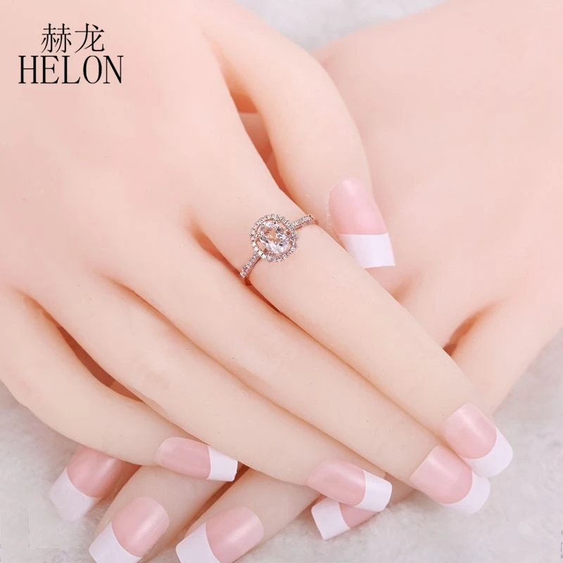 HELON Solid 10K Rose Gold Flawless Oval 7x5mm Natural Morganite Diamond Ring Women Wedding &amp Anniversary Band Fine Jewelry Gift |