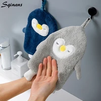 sqinans 1pc cartoon hanging hand towel soft coral kitchen towel cute penguin kids bathing towel quick dry towels